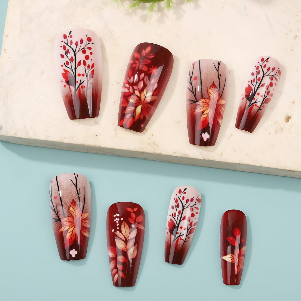 24Pcs Fall Maple Leaves Press on Nails Medium Coffin Fake Nails Full Cover Glossy Glue on Nails Red Gradient Autumn Acrylic False Nails for Women Manicure Kit