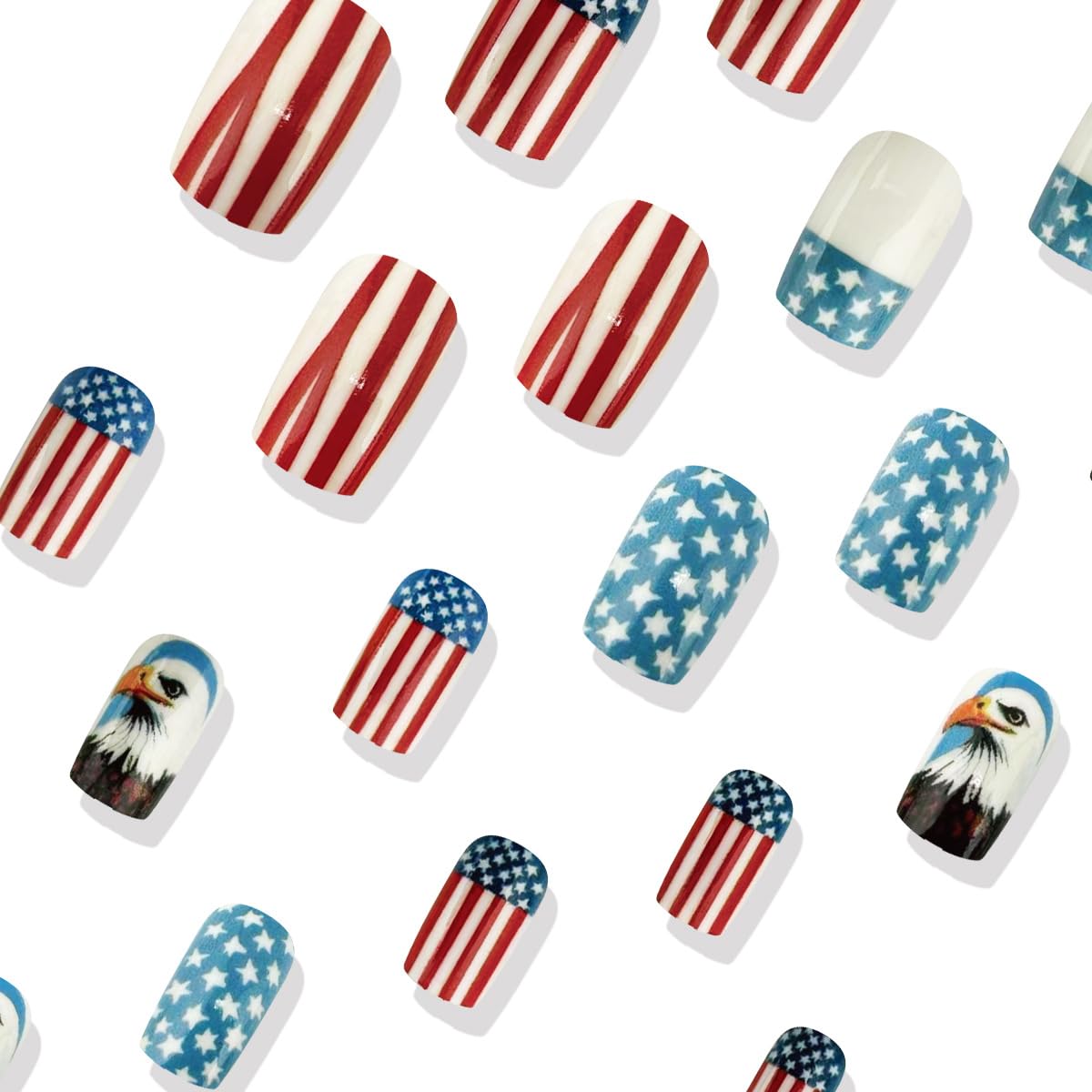 24Pcs Independence Day Fireworks Press on Nails Medium Square 4th of July Stripes Fake Nails Gradient Stars design False Nails Full Cover Stick on Nails Memorial Day for Women Manicure Decoration