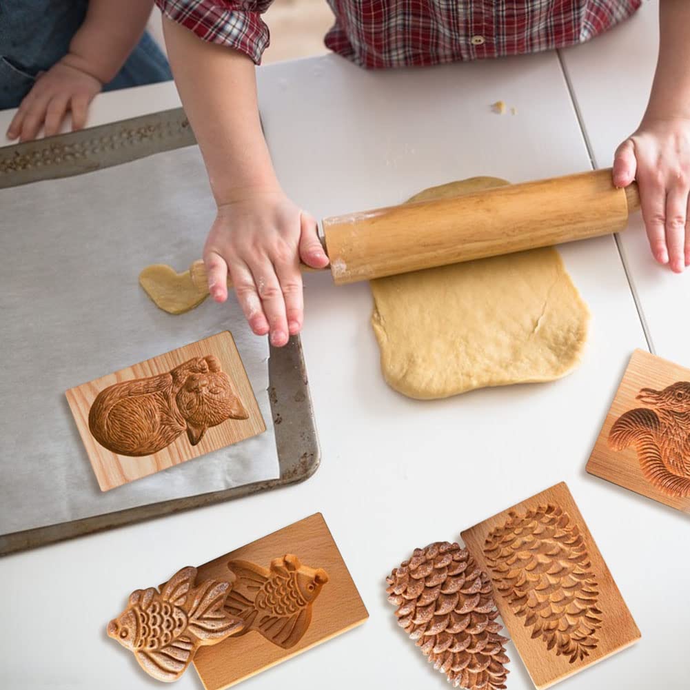 4 Pieces Wooden Cookie Molds Biscuit Carved Wooden Mould DIY Cookie Stamps Cookie Cutter Funny 3D Press Embossing Mold Animal Pattern Baking Tool