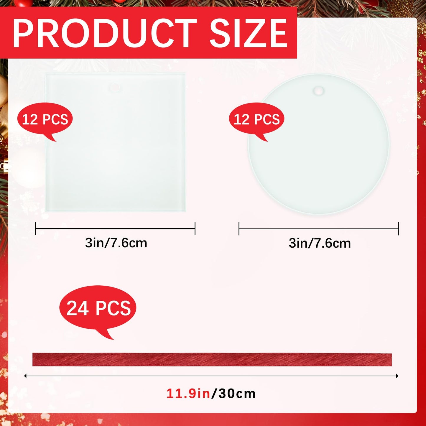 24 PCS Sublimation Glass Christmas Ornaments Sublimation Ornament Blanks 3 inches 12 Round + 12 Square with red Ribbon, Christmas Bulk Package to Create a Personalized Home