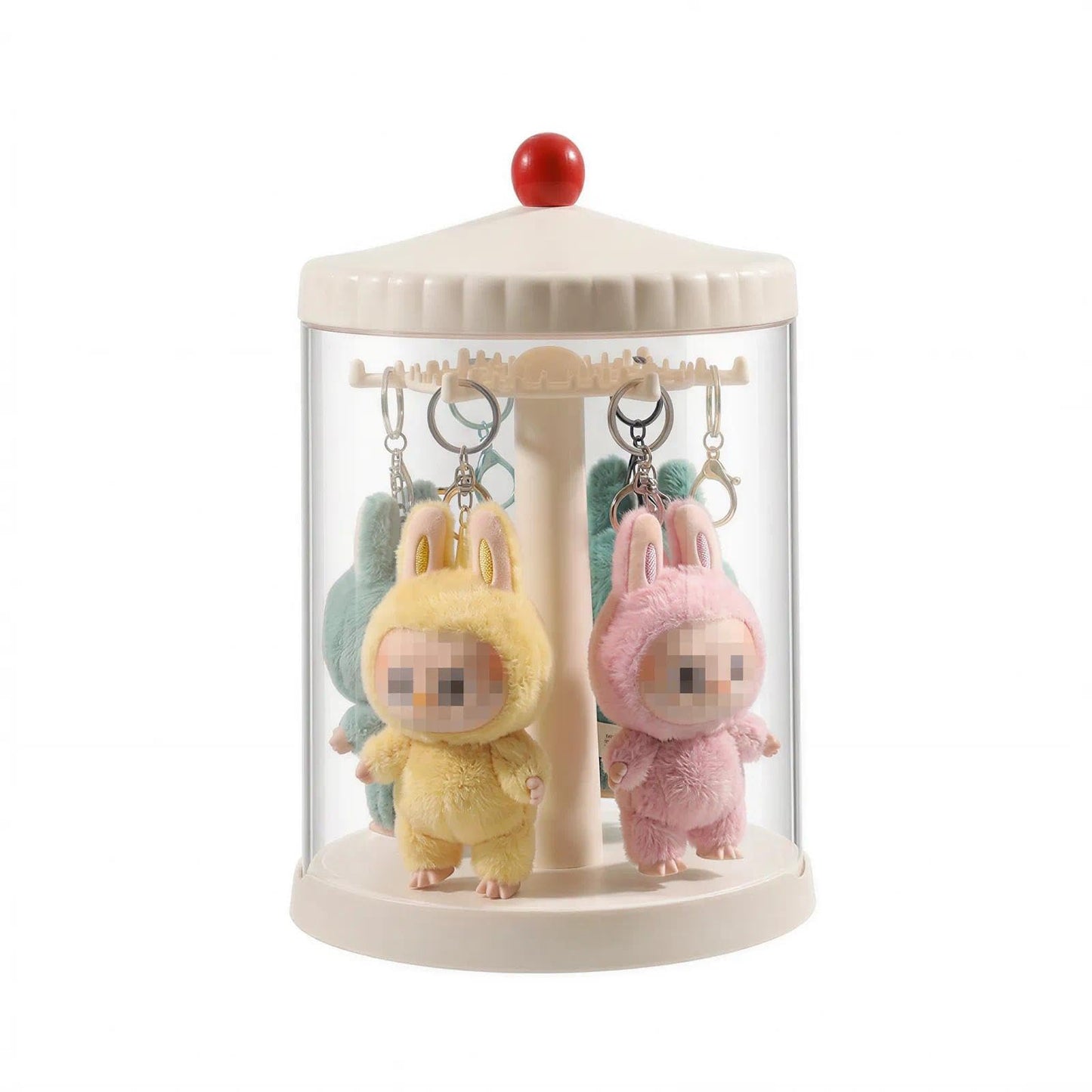 iobiotio Rotating Display Case Compatible with Labubu, Stackable Clear Blind Box Storage Organizer for 6.7" Doll, Dustproof Figure Showcase for Plush Keychain, Hanging Doll Holder for Desktop Decor