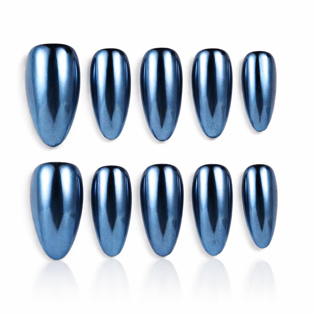 IntoVibes 10 Pieces Handmade Press On Nails Medium Almond, Metallic Blue Thickened False Nails, Reusable Fake Nails Almond, Reusable Acrylic Nails (M)