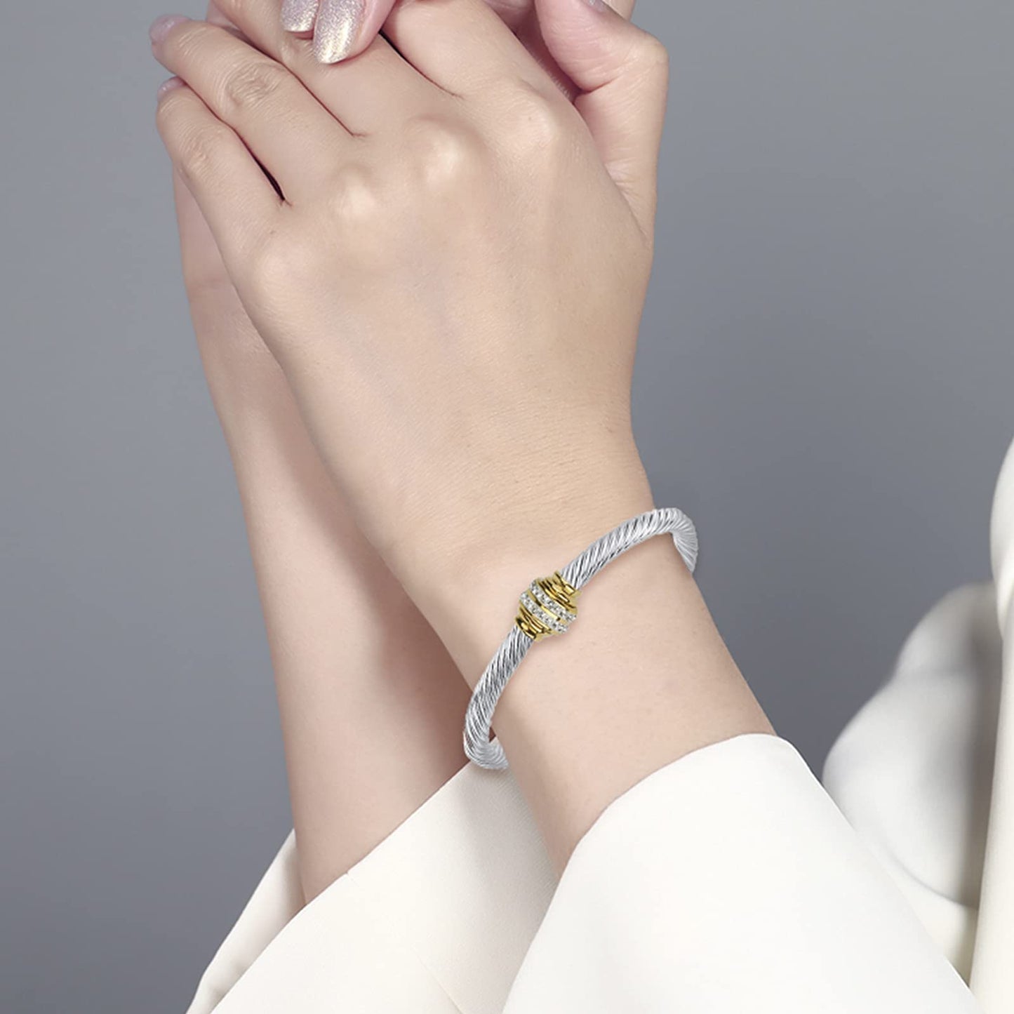 kaluoer Cable Bracelet Two Tone Stainless Steel Retro Twisted Wire Bangle Bracelet, Adjustable Cuff Bangle, Suitable, Mother, giving during festivals。 (Two Tone)