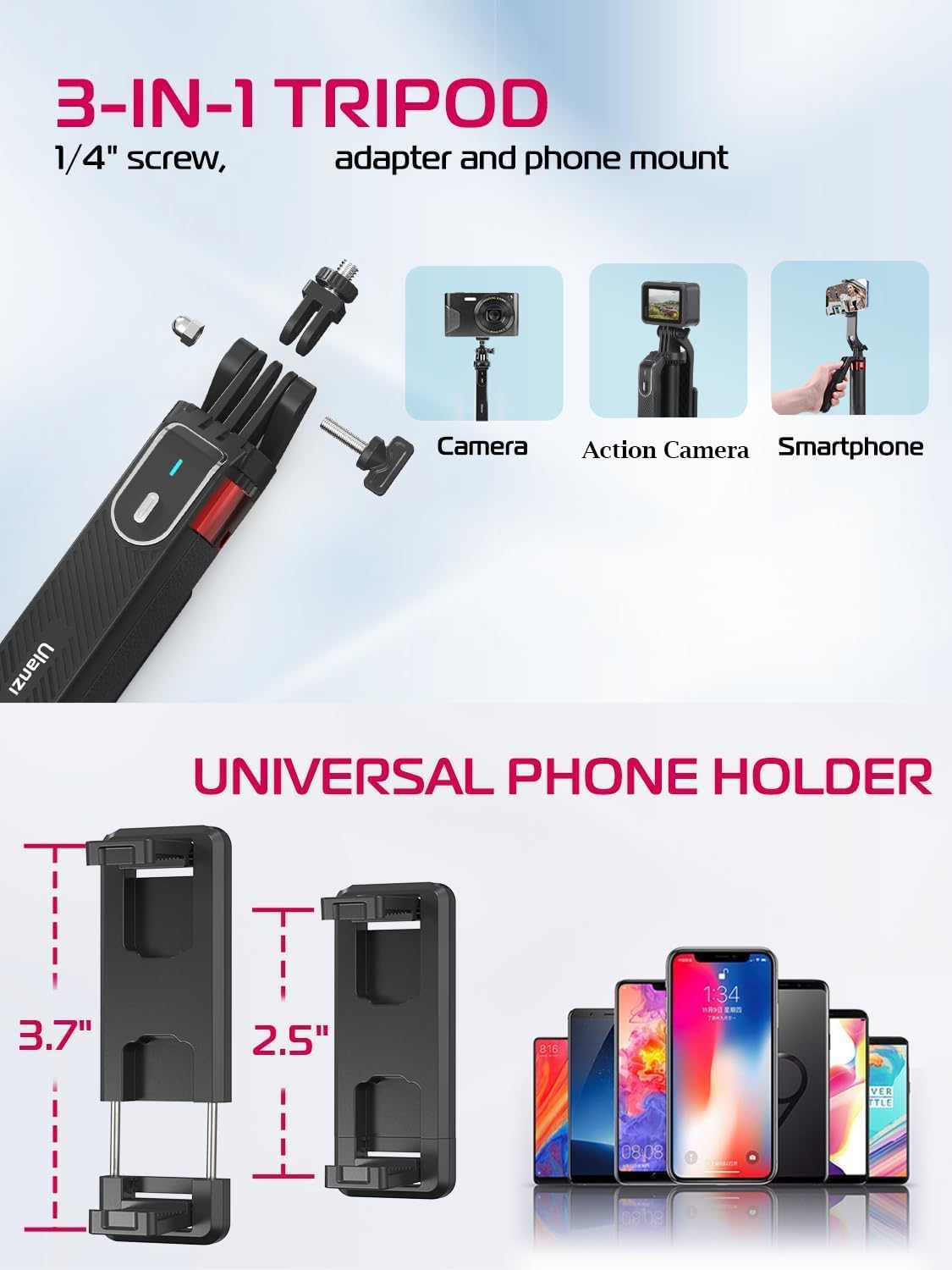 ULANZI MA09 Extendable Selfie Stick Tripod Stand - 71" Quadrapod with All-in-1 Phone Clip, Travel Tripod for iPhone, Sony, Canon Action Camera