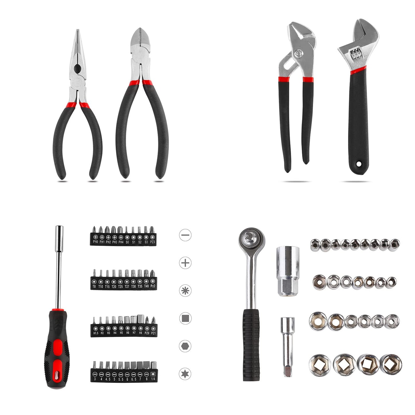 TLGREEN 95 Piece Tool Set, Tool Kit, Mechanics Tool Set, Portable Toolbox with Adjustable Wrench Pliers Socket Bits, with Plastic Toolbox, for House Apartment Garage (Red)