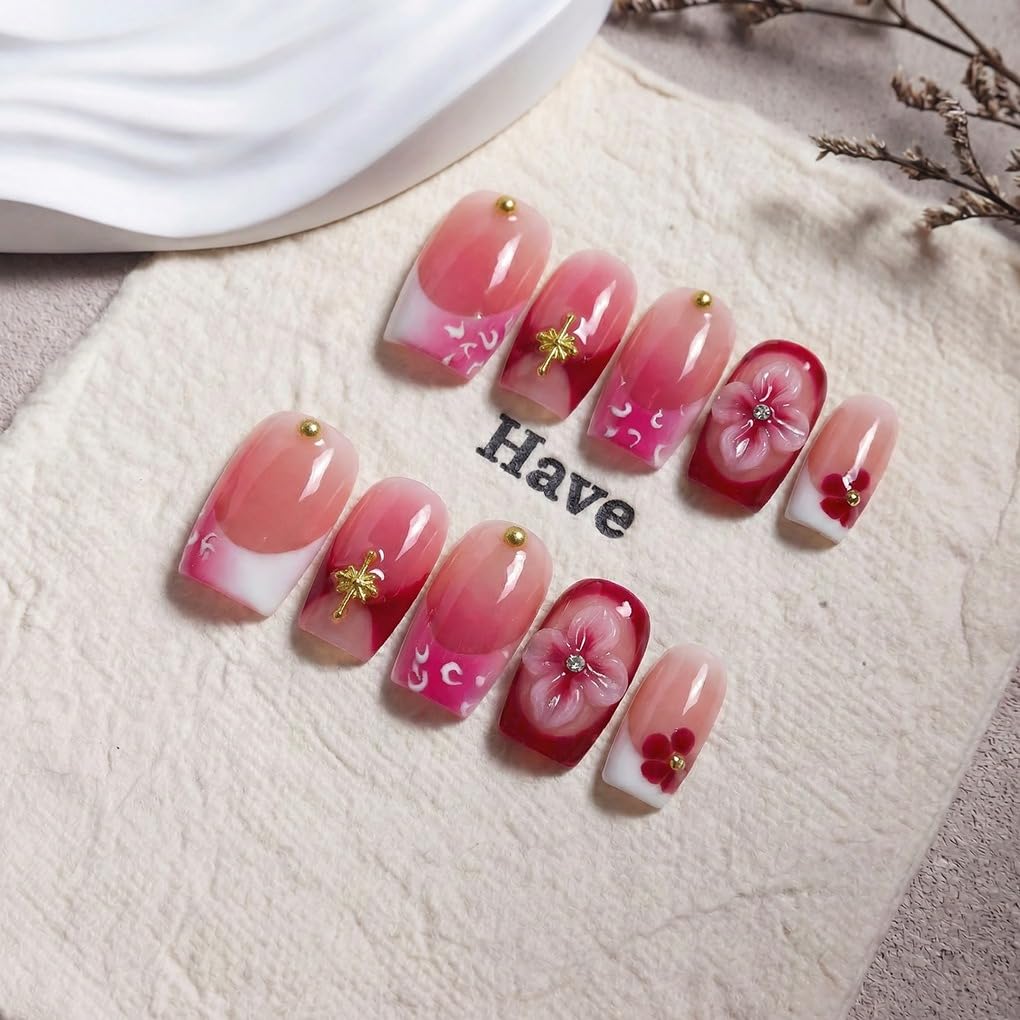 Handmade Press on Nails Pink Gradient French Tip Fake Nails with 3D Flower Design Luxury Short Square Handmade False Nail Muti-Layer Gel Thick Acrylic Nails for Women Manicuare (S)