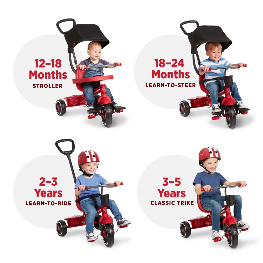 Radio Flyer 4-in-1 Pedal & Push Stroll 'N Trike, Ages 1-5, Toddler Tricycle & Stroller, High-Density Foam Tires, Parent Push Handle, UV Canopy, Removable Tray, Headrest & Seatbelt, Stroller Tricycle