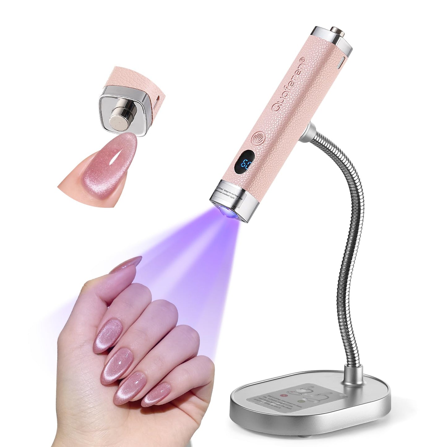 Quaferen Mini Handheld UV Light for Gel Nails with Stand, Rechargeable Flash Cure Nail Lamp with Auto Sensor, Cat Eye Magnet for Fast Drying at Home Salon (Pink)