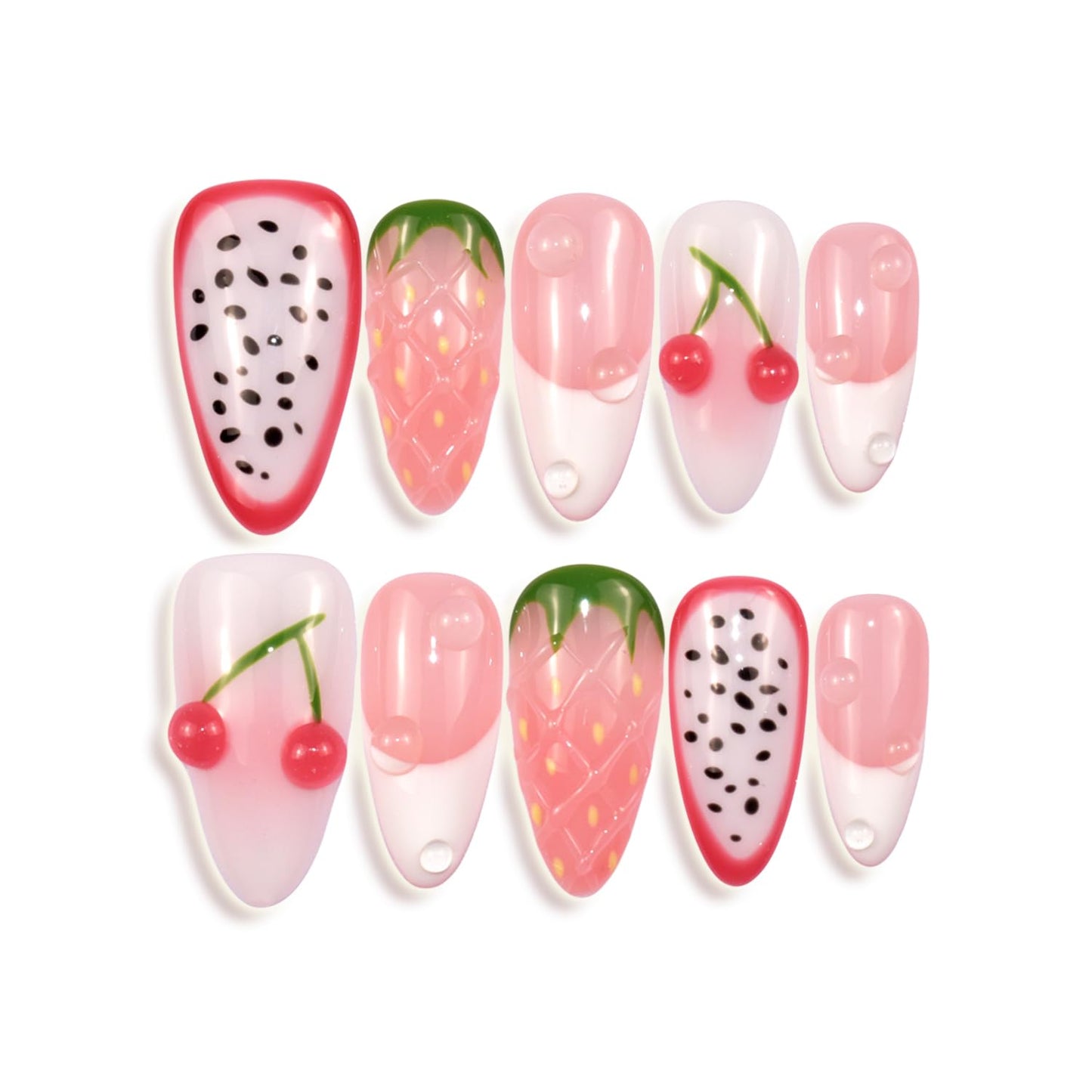 LIFOOST Handmade Press On Nails Medium Almond French False Nail Tips, 3D Pink Fruit Design 10pcs Reusable 3D Cartoon Glue On Acrylic Fake Nails