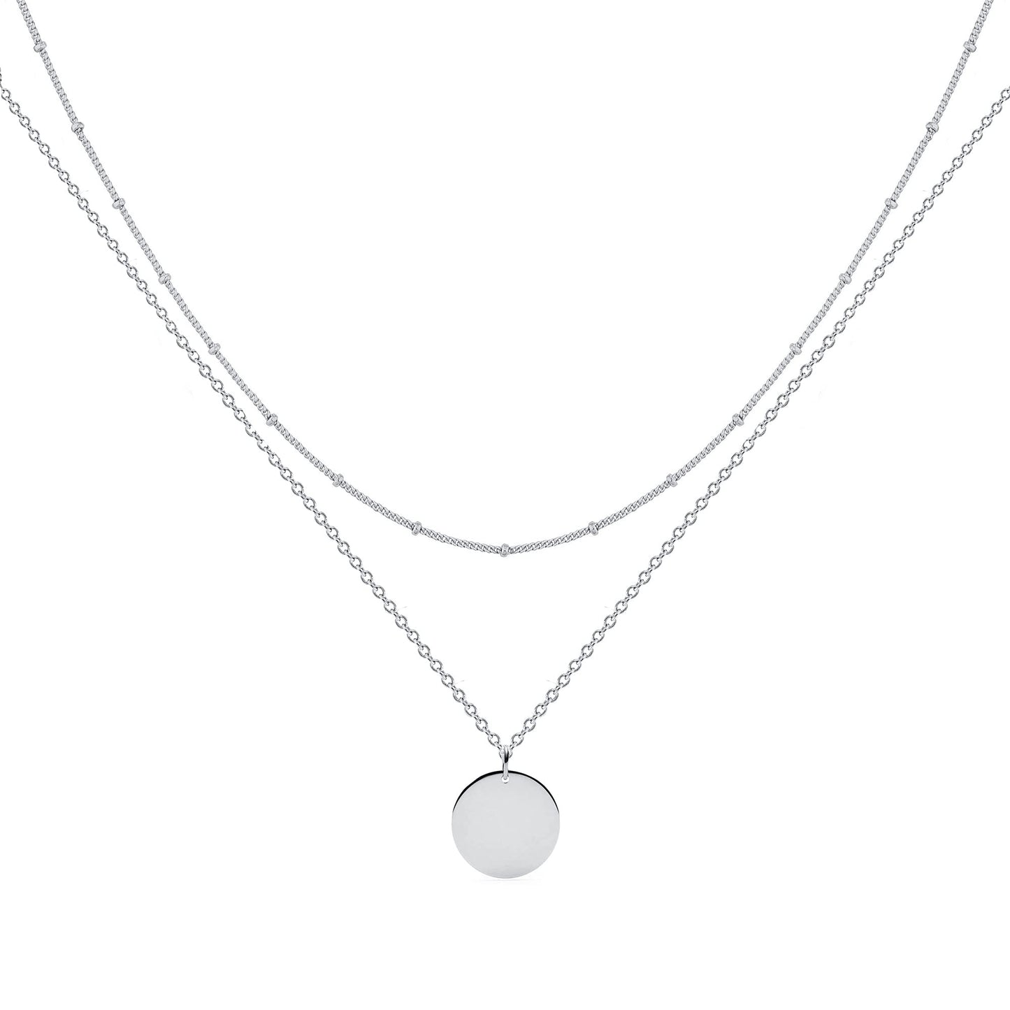 MEVECCO Sliver Necklace for Women Layered Circle Coin Disc Sliver Plated Dainty Satellite Bead Chain Simple Layer Jewelry