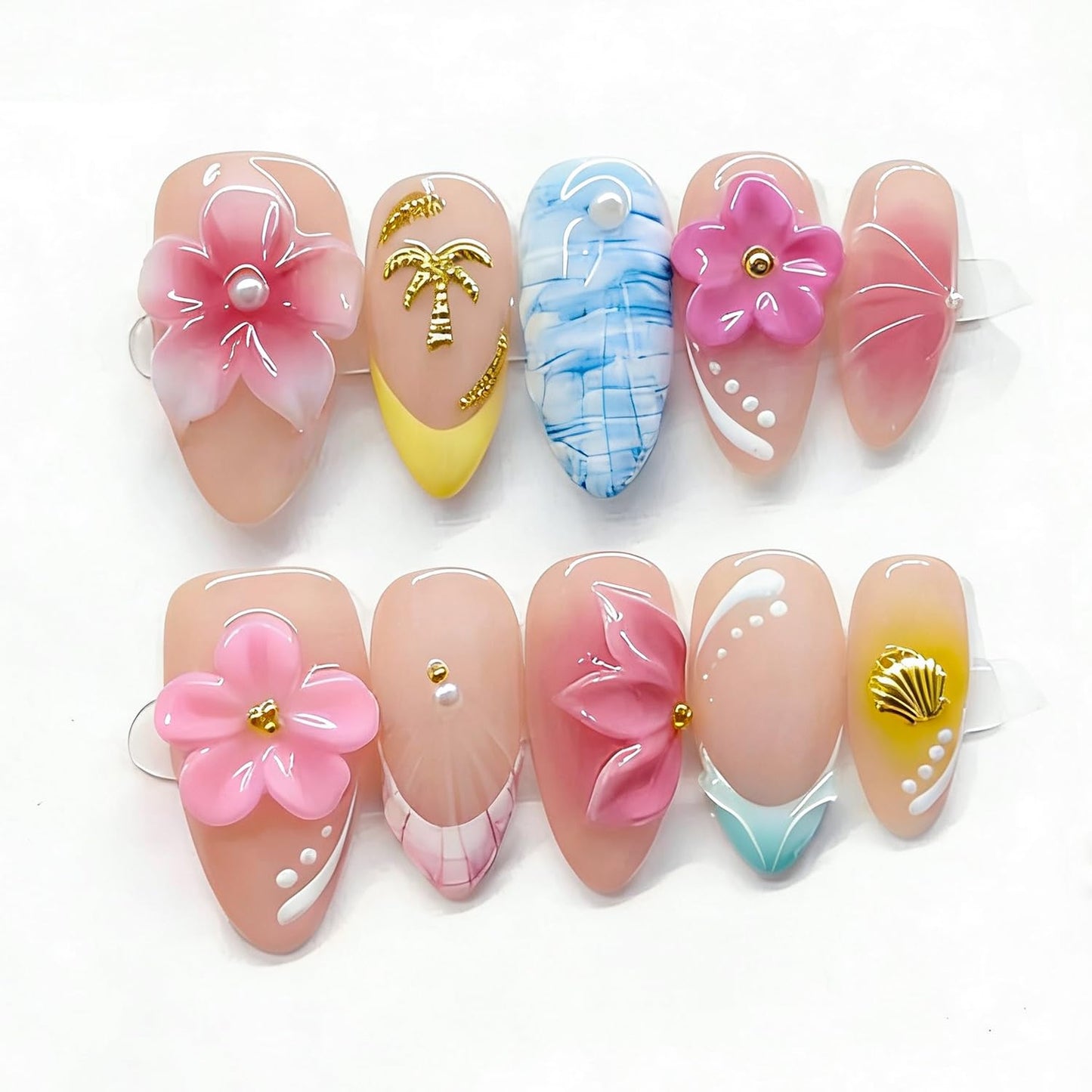 10 Pcs Handmade Press on Nails Medium Almond Thick Acrylic Nails with Glue,Tropical Art Fake Nails with Colorful Flowers Designs Nature Stick on Nail False Nails for Women(S)