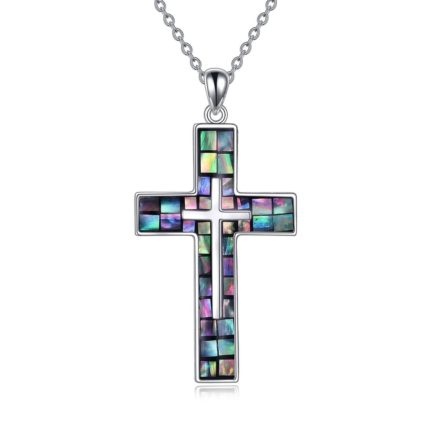 YFN Cross Necklace Sterling Silver Abalone Shell Cross Pendant Religious Jewelry Gifts for Women Men