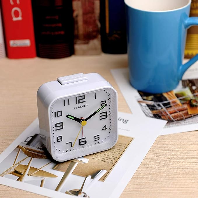Peakeep 3D Numbers No Tick-Tock Analog Alarm Clock Classic Beep Sound | Snooze, Manual Light and Battery Powered Small for Travel (White-3D)