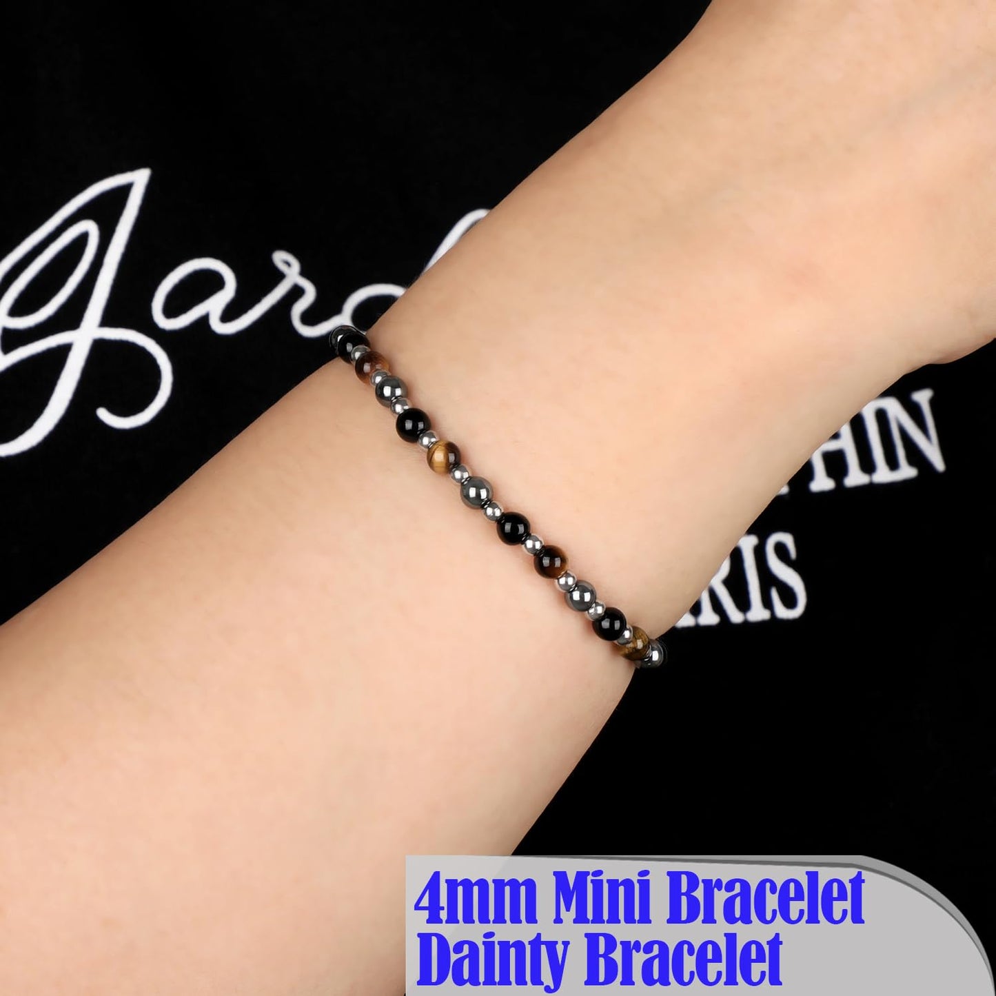 QOGIR Triple Protection - Onyx Hematite Tiger - Stainless Silver Beads Natural Gemstone Stretch Elastic Dainty Healing Beaded Bracelets Gifts 4mm