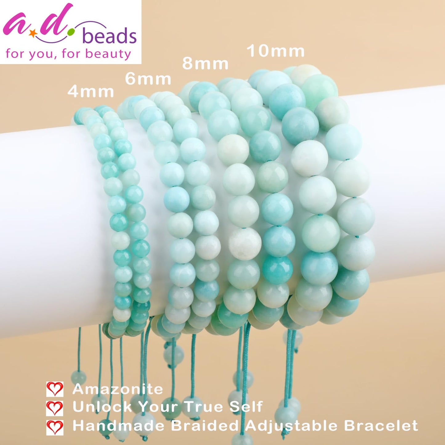 AD Beads 4mm Amazonite - Unlock Your Ture Self - Handmade Natural Stone Crystal Bracelet with Adjustable Macrame String - Yoga Healing Power Energy Gifts for Men and Women