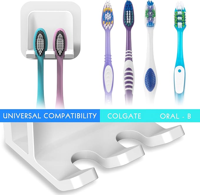 2 PCS Self-Adhesive Toothbrush Holders Wall Mounted, Water Proof Toothbrush Hook, 2 in 1 with Toothbrush Hanger and Gargle Cup Holder for Bathroom Shower (White)