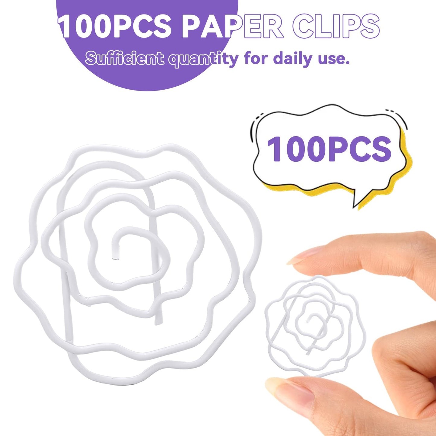 Flower Shaped Paper Clips, 100PCS Floral Paper Clips White Rose Shape Paperclips Decorative Paperclips Bookmarks with Box for Office Home School Supplies