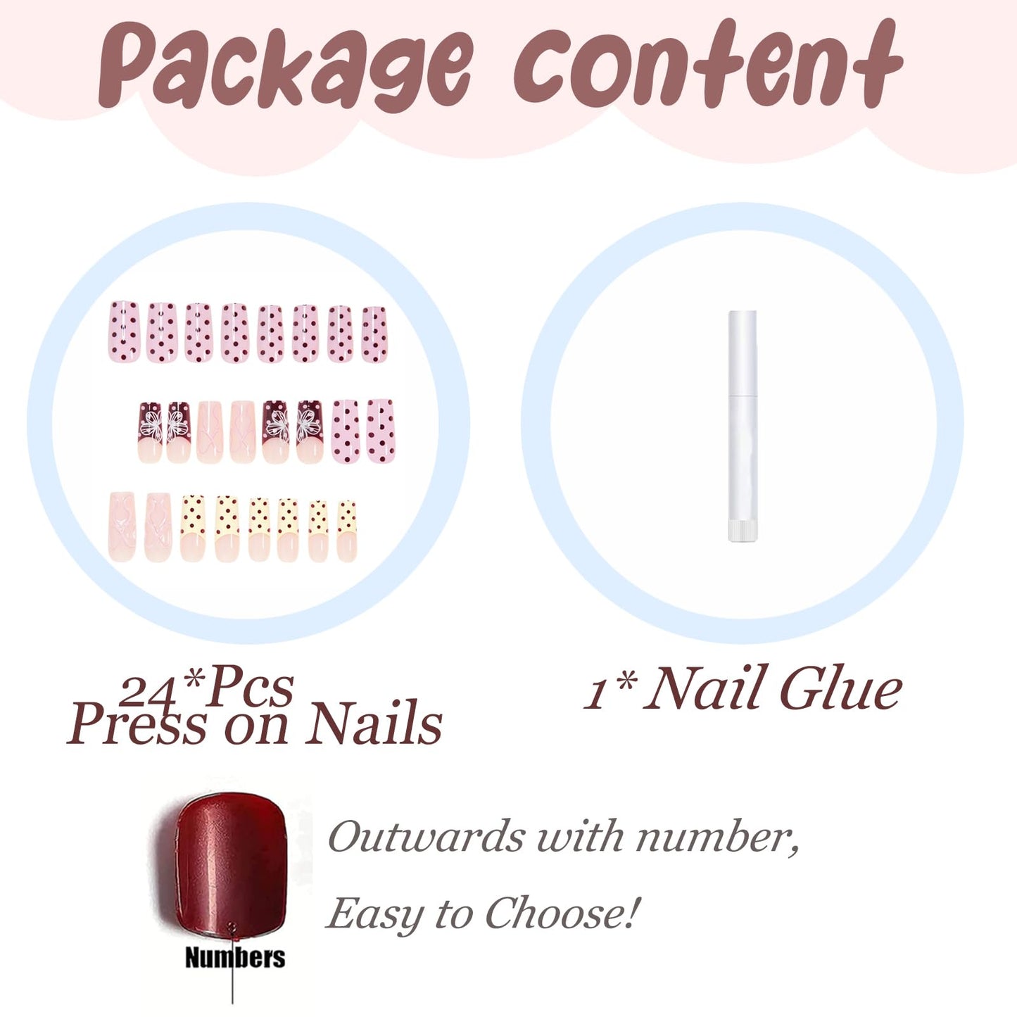 BABALAL Press on Nails, Long Square Fake Nails, Pink Yellow Summer, Polka Dot & Flower Design, Glossy Full Cover False Nails 24Pcs