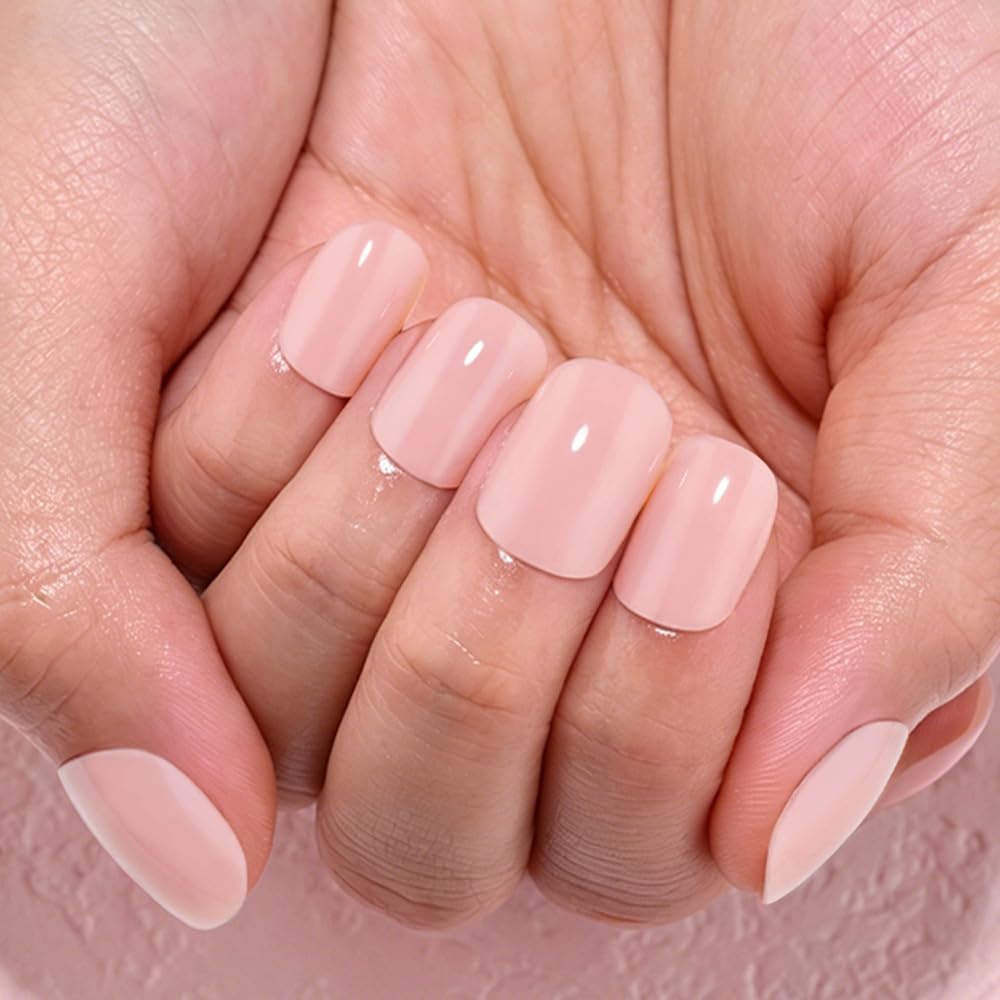 evpct Nude Pink Glossy Squoval Short Press on Nails for Women, Nude Pink Extra Short Squoval No Glue Stick on Nails with Kit, Reusable Full Cover Soft Press on Fake Nail Salon-quality Perfectly Fit