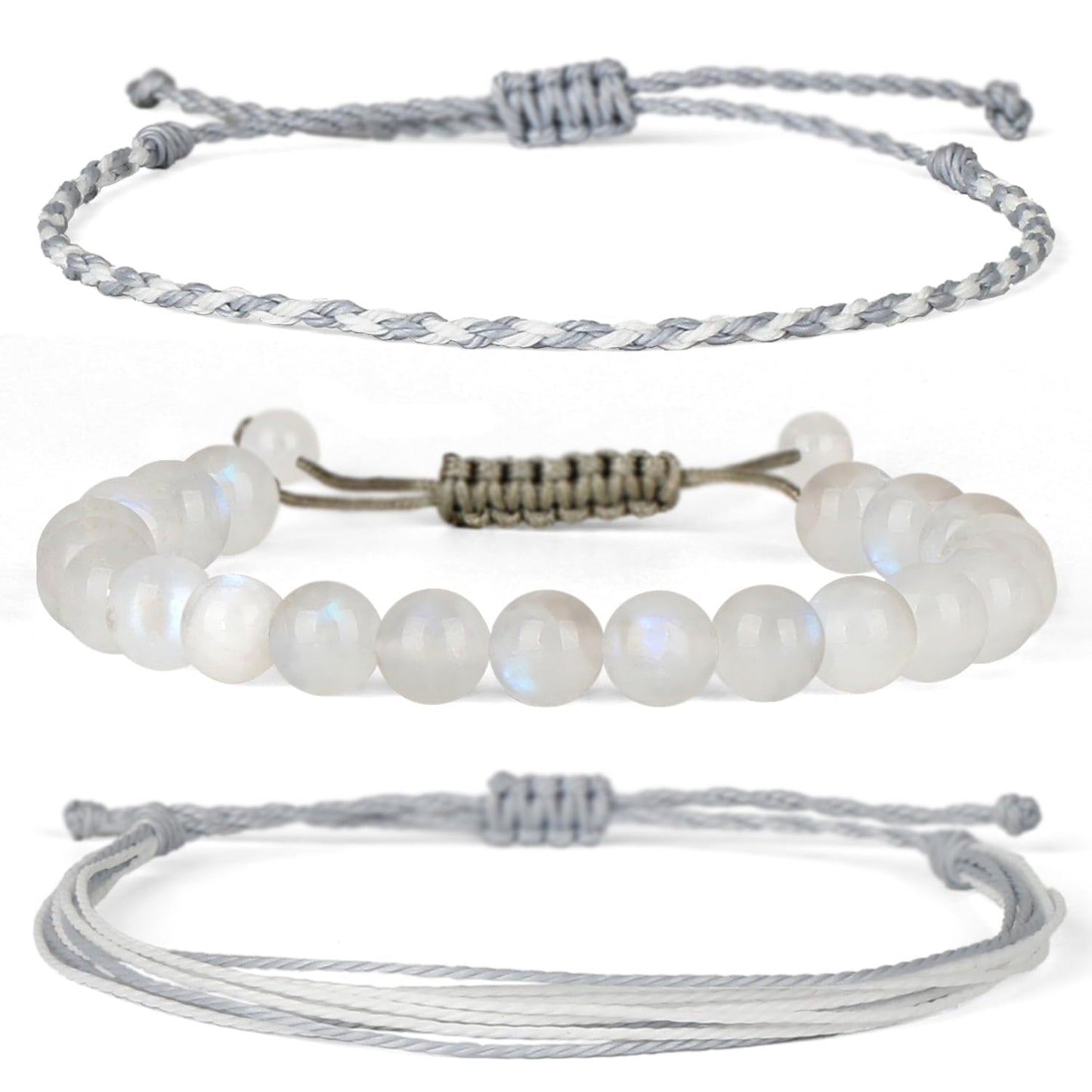 QOGIR Handmade Healing Stones Bracelet,8mm Natural Rainbow Moonstone Gemstone Beaded Bracelet,for Men Women Gifts with 2PCS Size Adjustable Rope Bracelets