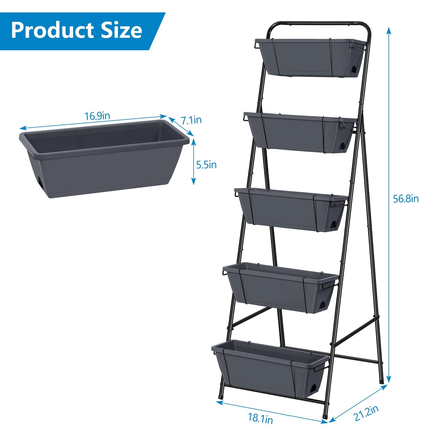 Raised Garden Bed 5 Tier Vertical Planter Standing Herb Garden Elevated Box With Drainage Holes Tall Planters for Outdoor Plants Vegetables Flowers Grey