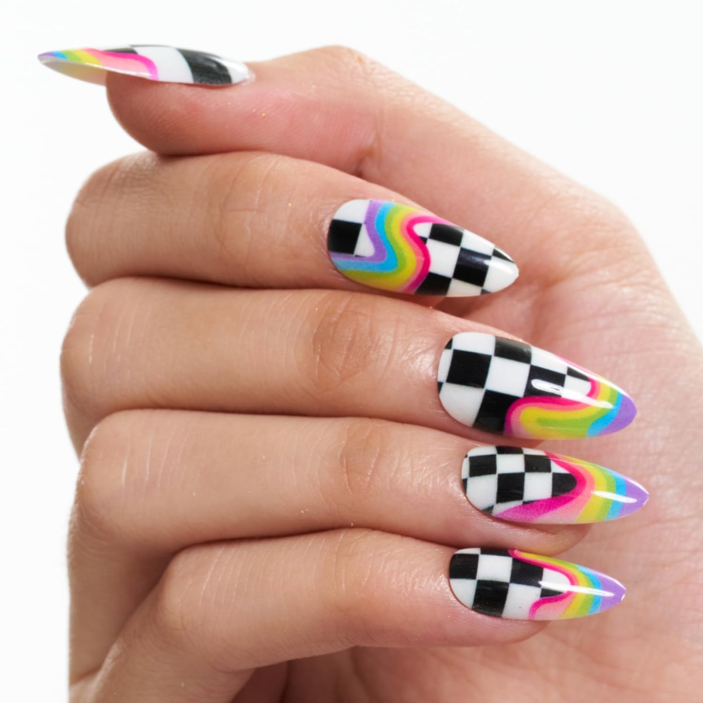 GLAMERMAID Rainbow Press on Nails Medium Almond, Y2K Rainbow Crush Gel Glue on Nail with Checkerboard Color, Glossy Short Stiletto Reusable Fake Nails, Acrylic False Nails Manicure Kit for Women