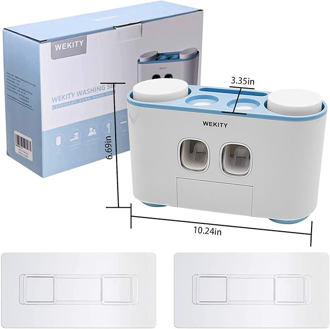 Toothbrush Holder Wall Mounted, WEKITY Multi-Functional Toothbrush and Toothpaste Dispenser for Bathroom, with 5 Toothbrush Slots, 2 Toothpaste Squeezers and 4 Cups(Blue)