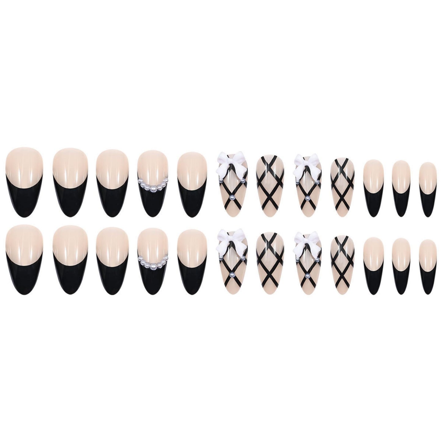 octoswave Press on Nails Long Almond Fake Nails Black French Artificial Nail Bow and Sparkly Pearl Charm Stick on Nail for Women 24pcs