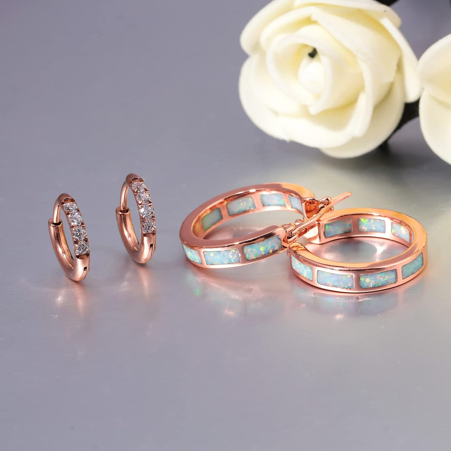 CiNily 2 Pairs Hoop Earring Set for Women Rose Gold Plated Opal Small Hoop Earring Hypoallergenic Cubic Zirconia Tiny Earrings