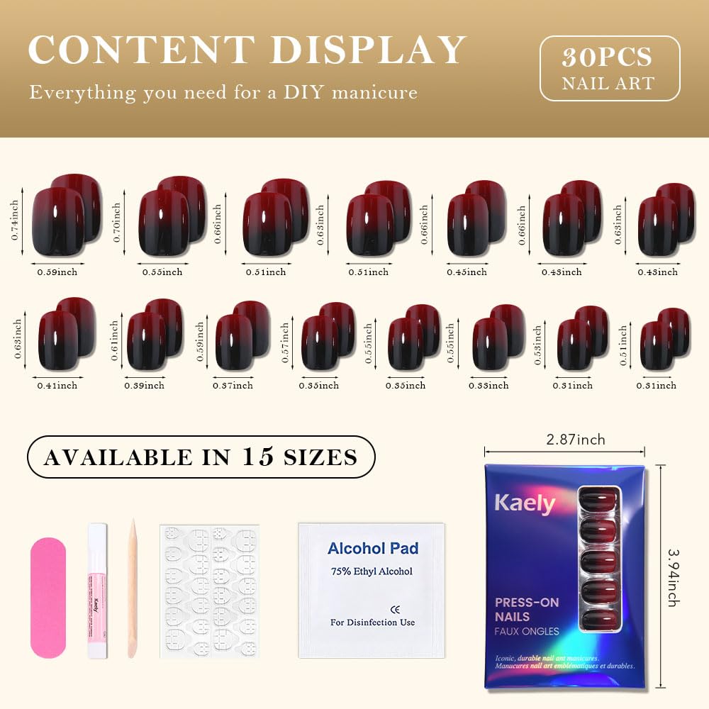 evpct Ombre Black to Red Press on Nails Extra Short, Petite Short Square Glossy Stick on Nails for Women Gift with Manicure Kit, Reusable Soft Gel Stick on Fake Nail with Ombre Designs Perfectly Fit