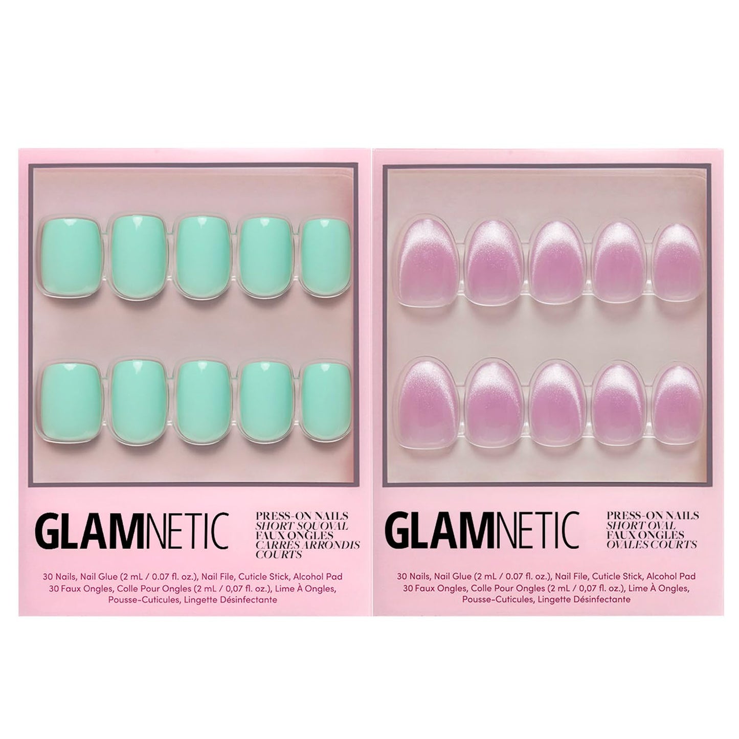 Glamnetic Press-On Nails Bundle - Soft Teal & Fairy Dust | Short Almond Light Blue Fake Nails with Glossy Finish | Short Oval Beige-Pink False Nails with a Metallic Finish | Reusable, Salon-Quality Na