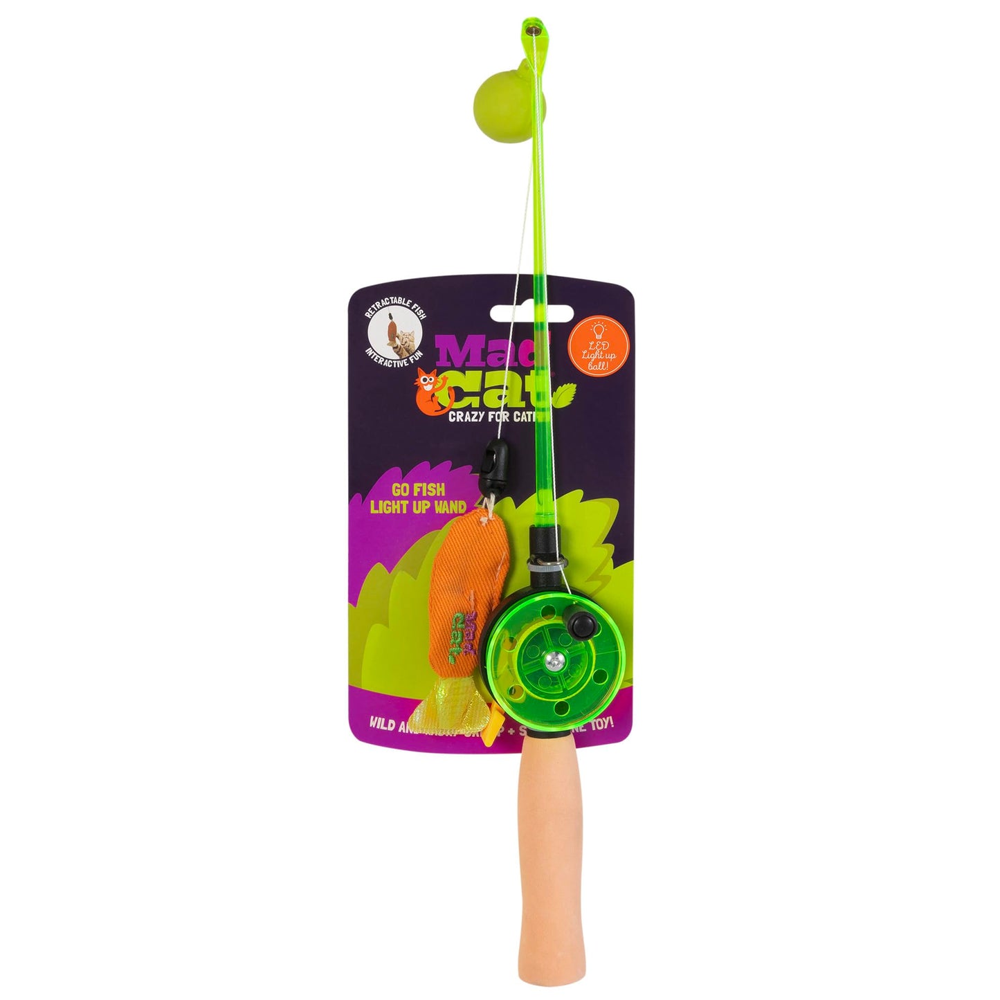 Mad Cat Go Fish Light Up Wand Teaser Cat Toy with Catnip & Silvervine Pack of 1 | Interactive Light-Up Fishing Wand for Chasing, Jumping & Exercise