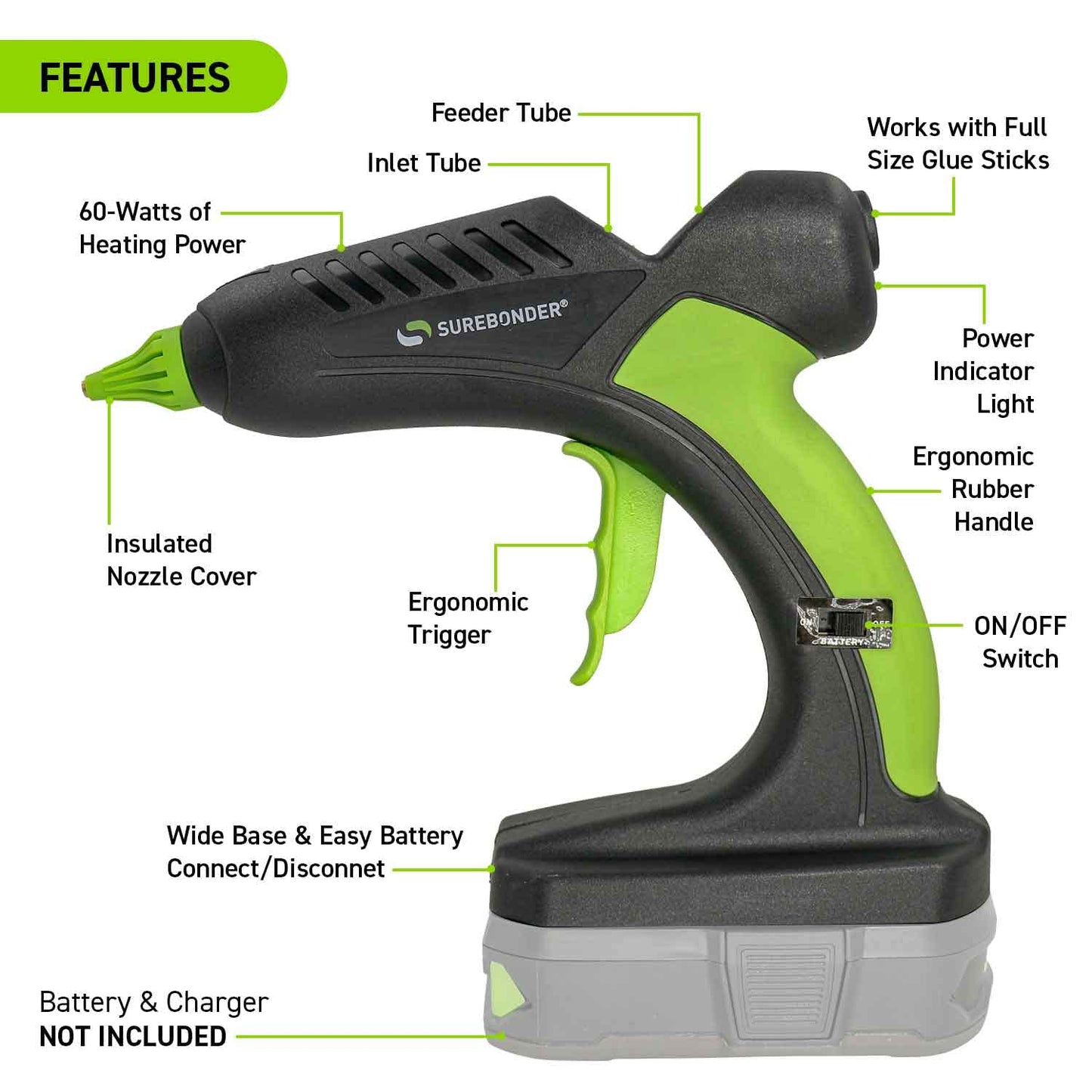Surebonder 18V Ryobi Battery Powered Fully Cordless Hot Glue Gun, Professional, Full Size for DIY, Crafting, Repairs, 60 Watt, Battery and Charger NOT Included - Tool Only
