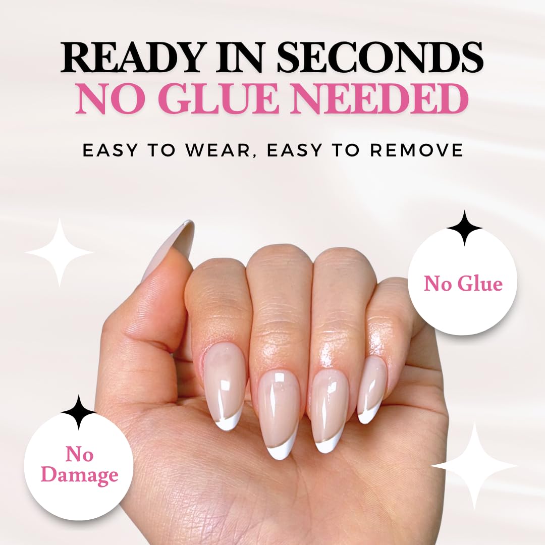 PerfectLook Press On Nails - Silk Glow | No Glue Short Almond French Tip Nails with Gold Line, Nude Glossy Nails - 24 Pcs Nail Kit with Adhesive Tabs