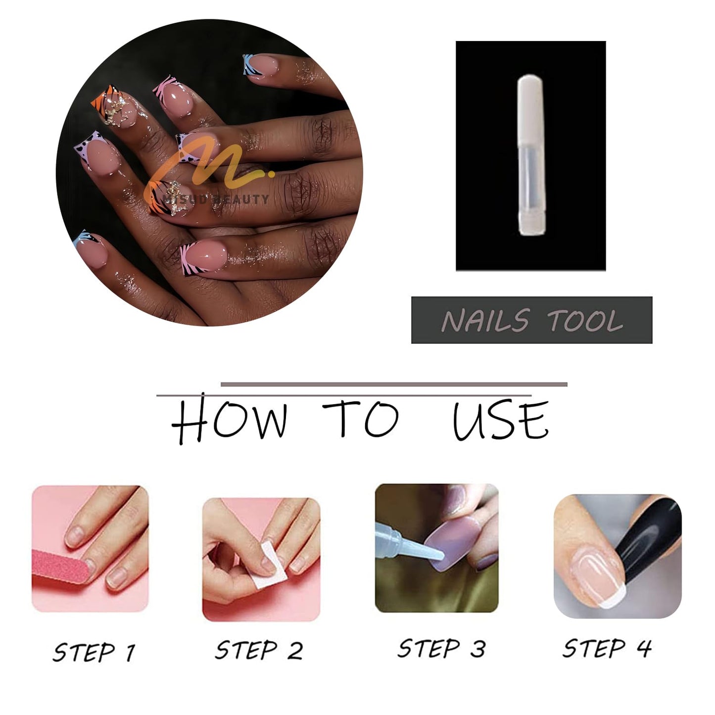MISUD Press on Nails - Short Square Fake Nails with Summer Colorful French Tip, Acrylic Animal Print Design 24 pcs