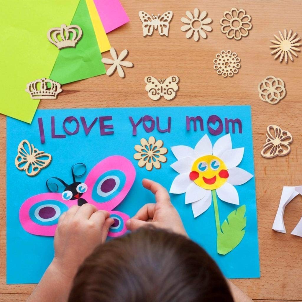 300Pcs Wooden Embellishments,Flower Butterfly Shape Wooden Cutouts Wooden Scrapbooking DIY Handmade Crafts Children Graffiti Home Decor Wooden Crown Pieces Discs Wood Slice Ornament Manual Accessories