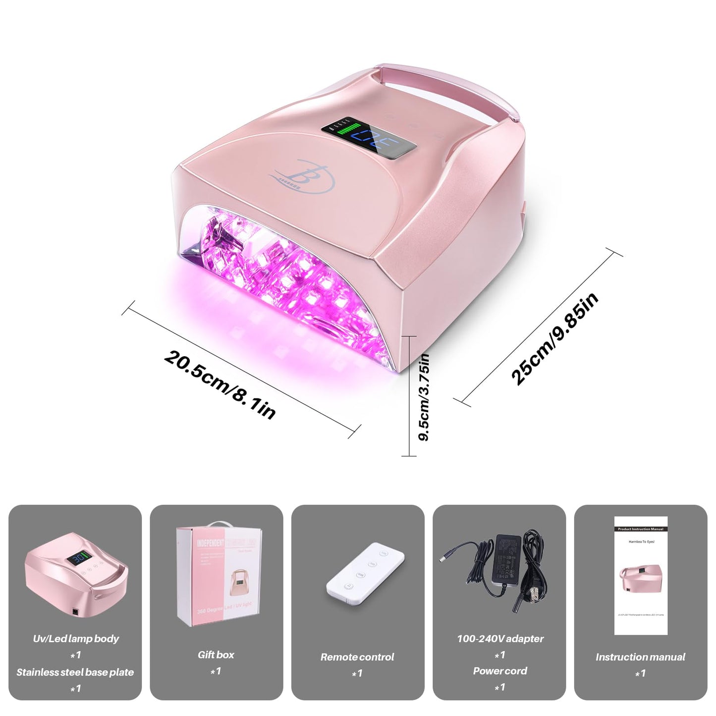 BIDUO UV LED Nail Lamp,96W Rechargeable Cordless Nail Dryer, 52 Beads Quick Dry with Remote Control,4 Timers,Auto Sensor,Key Sound,Built-in Cooling Fan,Professional Gel Polish UV Light (Pink)