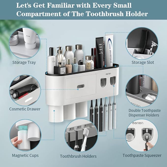 Toothbrush Holders Wall Mounted, Toothbrush Holder with Automatic Toothpaste Dispensers, 6 Brush Slots, 3 Magnetic Cups,1 Cosmetic Drawer Organizer and 1 Large Storage Tray