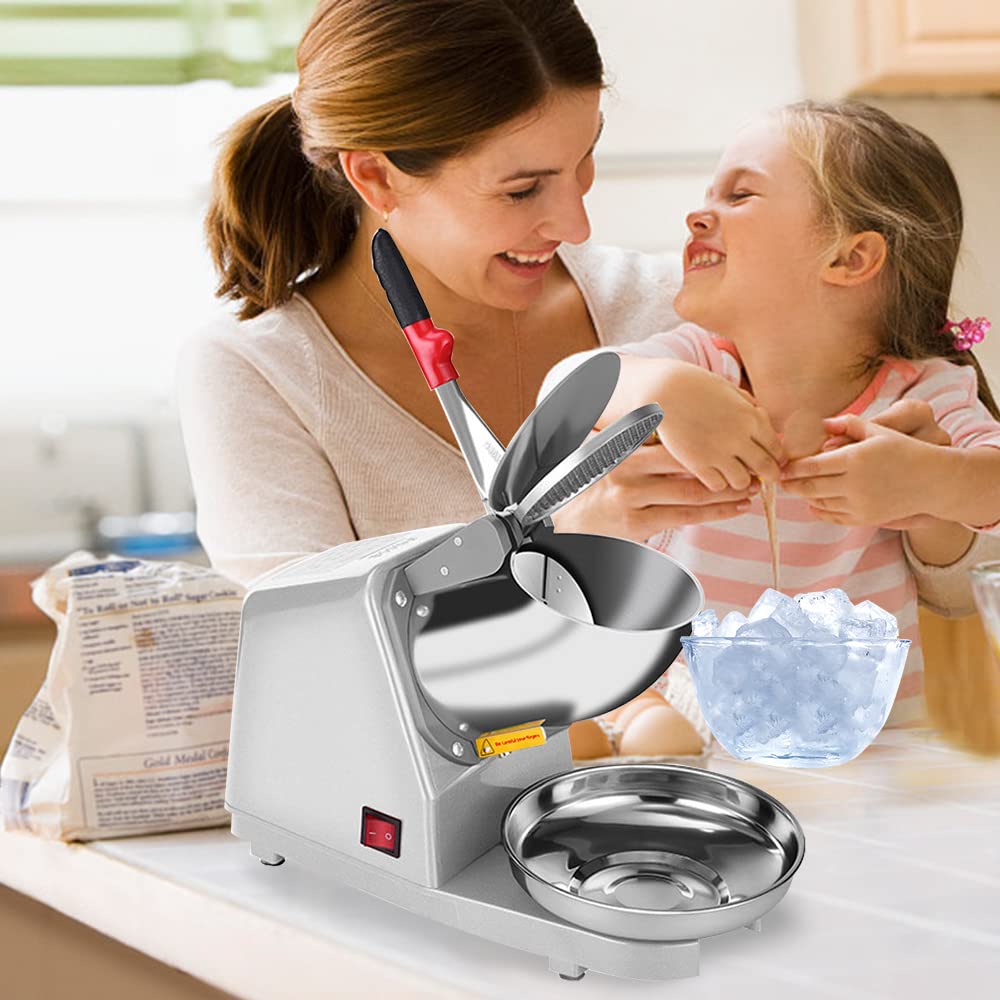 Yahpetes Electric Shaved Ice Machine 1Pcs Electric Dual Blades Ice Crusher Shaver Snow Cone Maker Machine 187lbs/hr for Home and Commercial Use (Silver)