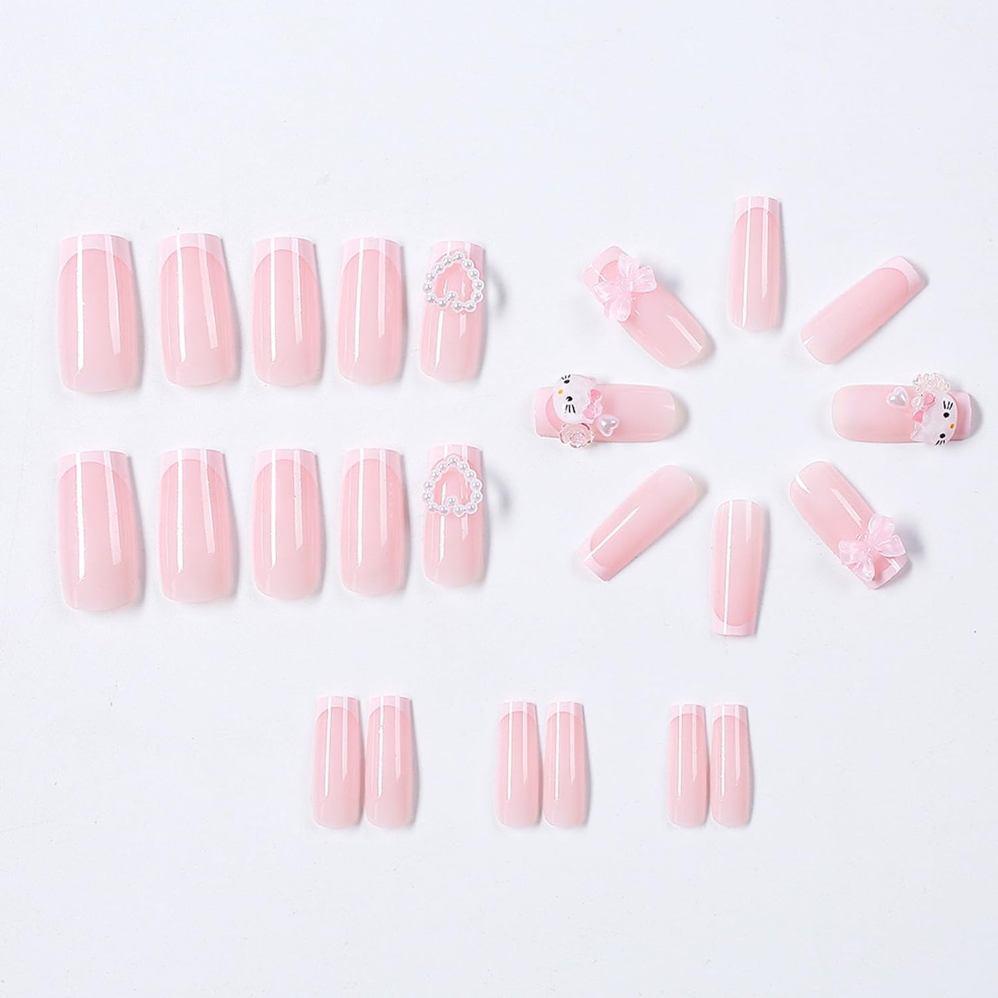 24Pcs French Tip Press on Nails Medium Length Square Fake Nails with 3D Pink Bow Heart Cute Cartoon Design Glossy Full Cover Coffin False Nail with Cute Cat Full Cover Coffin False Nail for Women