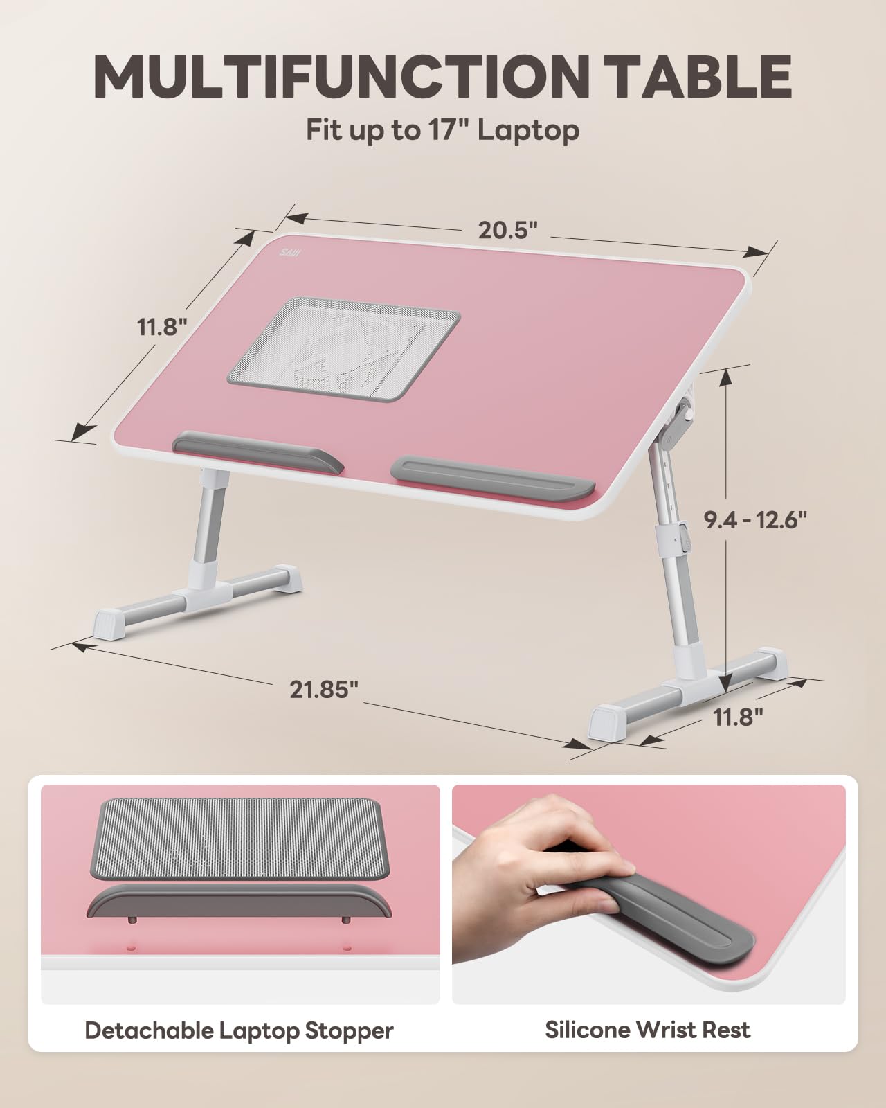 Laptop Desk for Bed with Cooling Fan, SAIJI Height & Angle Adjustable Laptop Stand for Bed, Lap Desk Tray Table, Lightweight Foldable Portable Computer Table