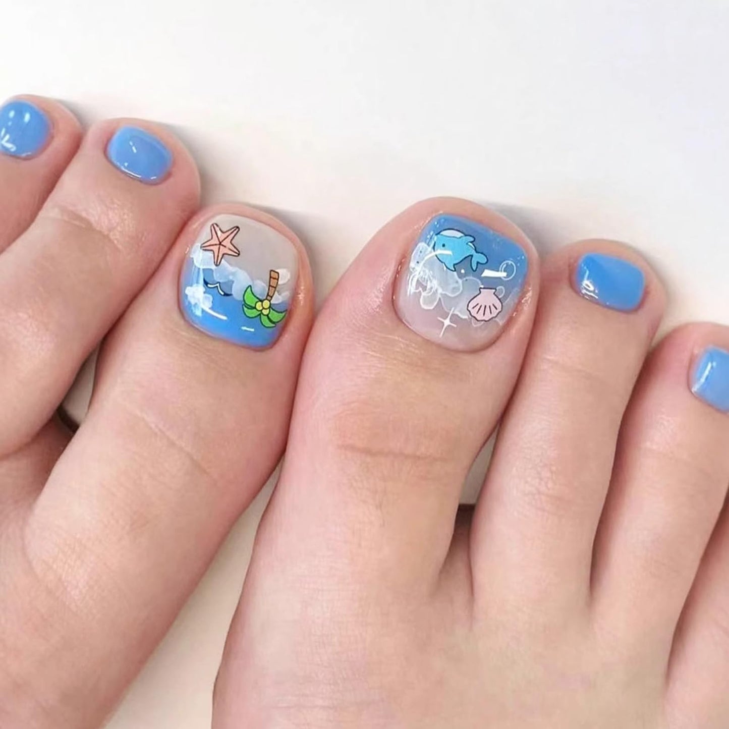 24Pcs Blue Press on Toenails Summer Beach Fake Toe Nails with Coconut Tree Shell Whale Seagull Designs Cute Toenail Press ons Blue Sea Acrylic False Toenails Artificial Toenails for Women