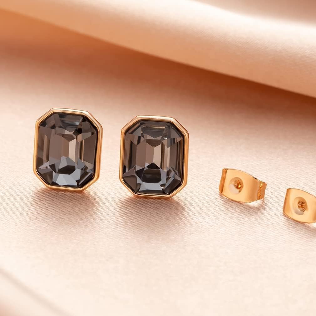 Austrian Crystal Octagon Stud Earrings for Women Fashion 925 Sterling Silver Post Hypoallergenic Jewelry (Black)