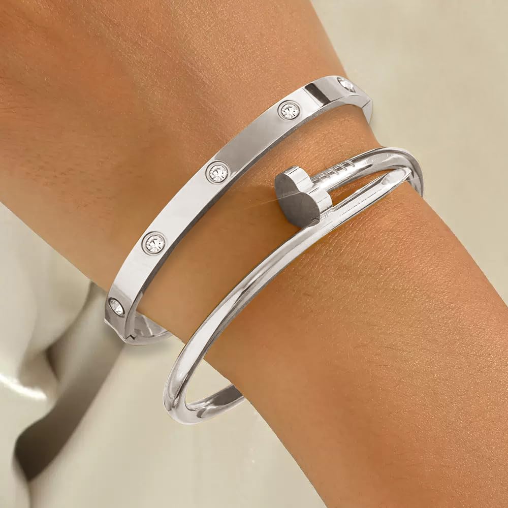 sineed 18K Gold Plated Stainless Steel Love Nail Bangle Clover Bracelet Set Stackable Dupes for Love Trendy Jewelry (White Gold)