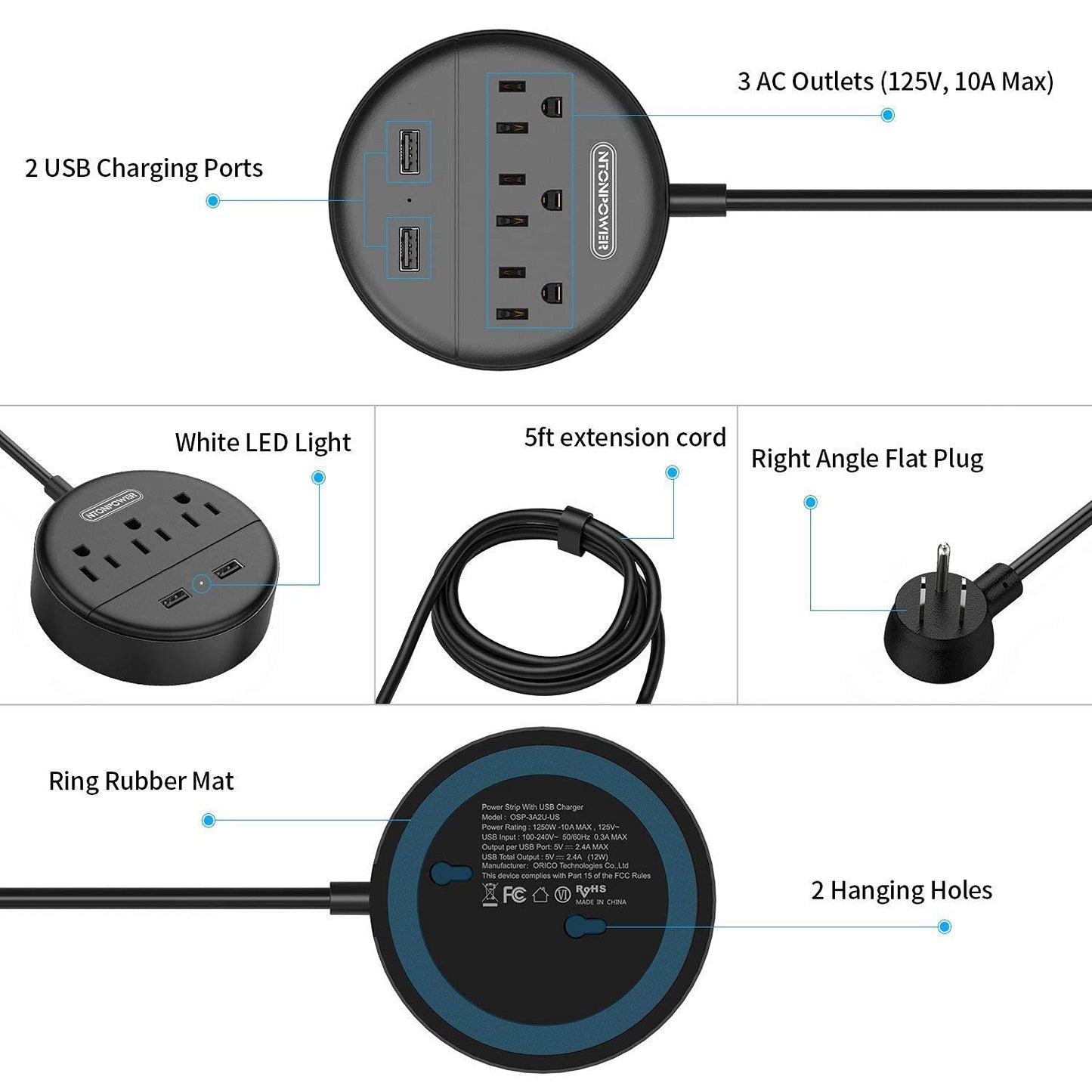 NTONPOWER Flat Plug Power Strip Bundle, 3 Outlets 2 USB Compact Power Strip with 5ft Cord and 10 ft Long Extension Cord, Right Angle Plug, Wall Mount for Office, Home, Nightstand, Dorm Essentials