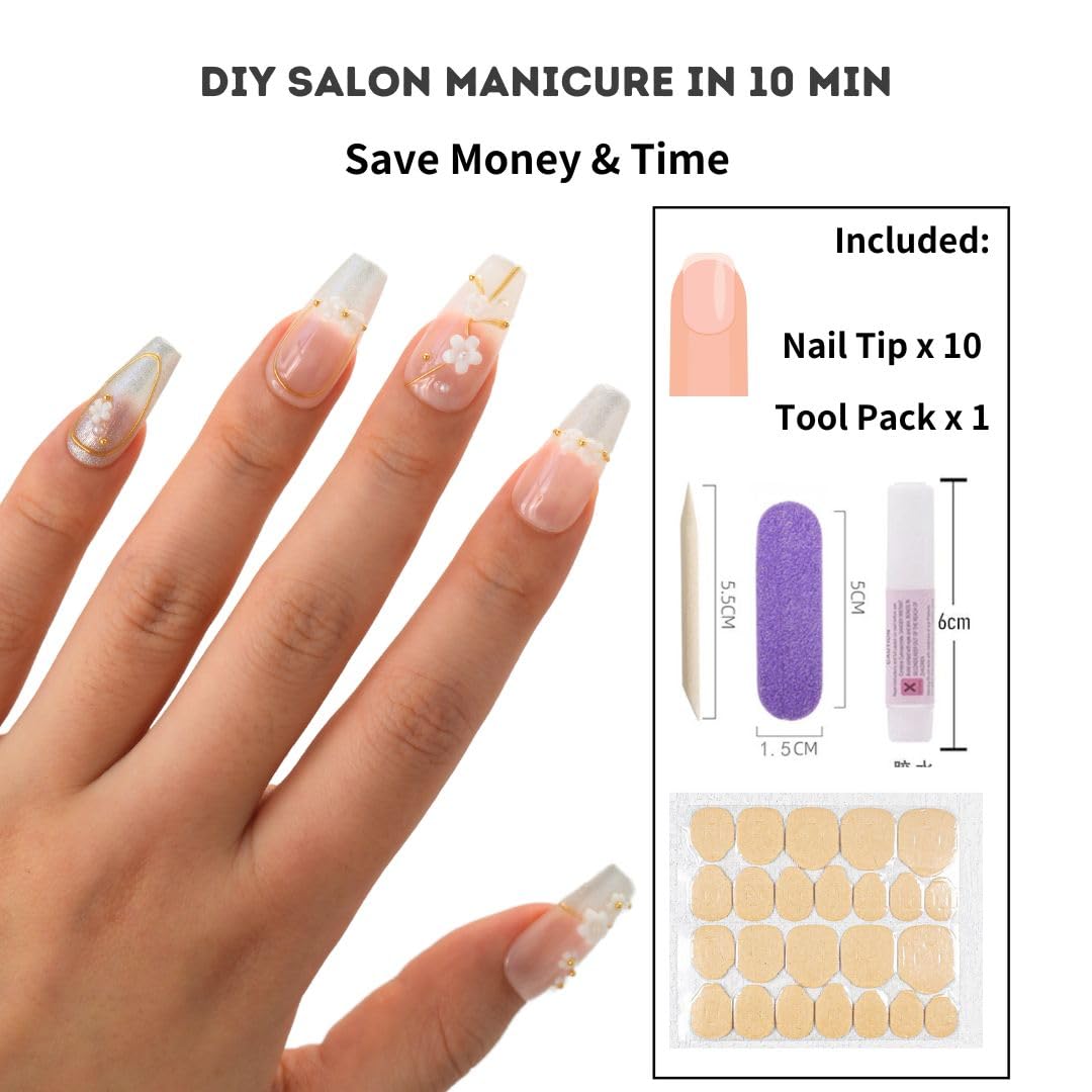 Hanakoko Handmade Press-On Nails, Floral Designs with Glitter and Pearls, Coffin Shape Press-on Nails Reusable 10 Pcs (French Spring, M)