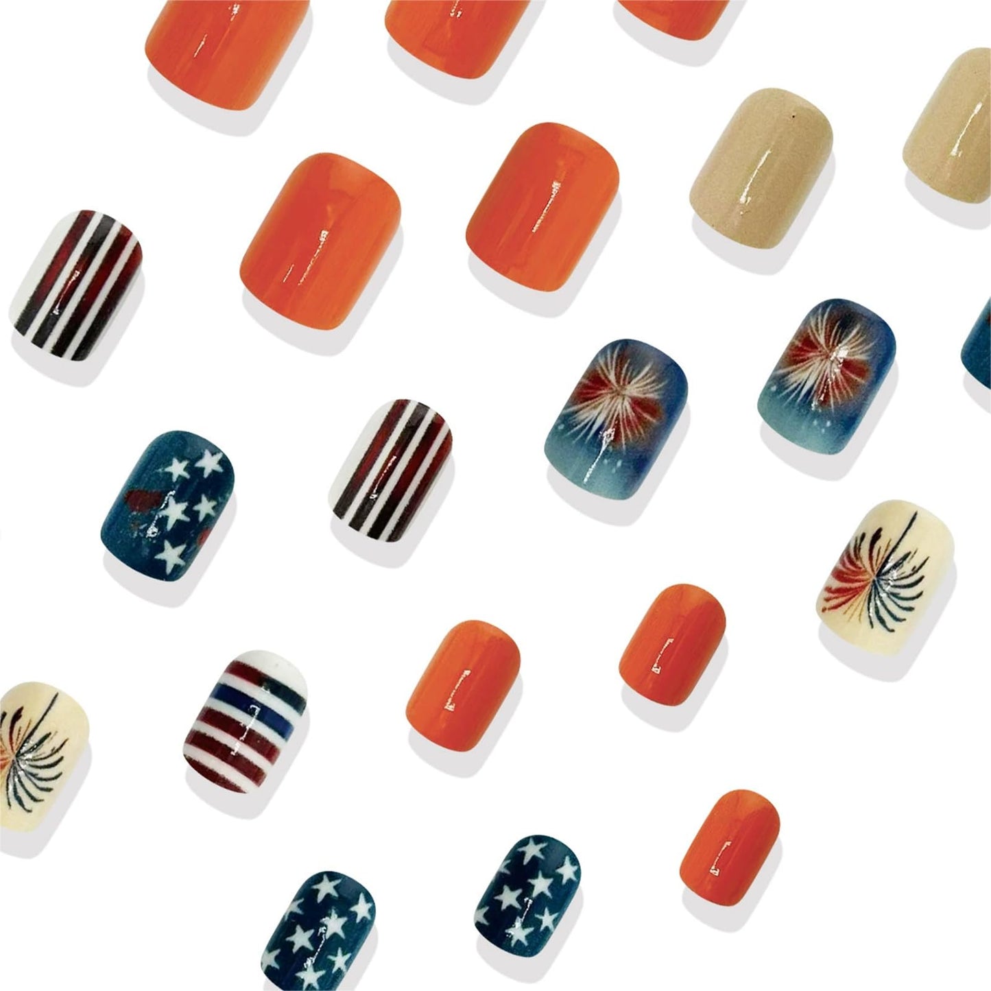 24Pcs 4th of July Fireworks Press on Nails Short Square Fake Nails Red Blue American Flag False Nails Five-pointed Star Striped Acrylic Nails for Women Patriotic Holiday Manicure Decoration 24Pcs