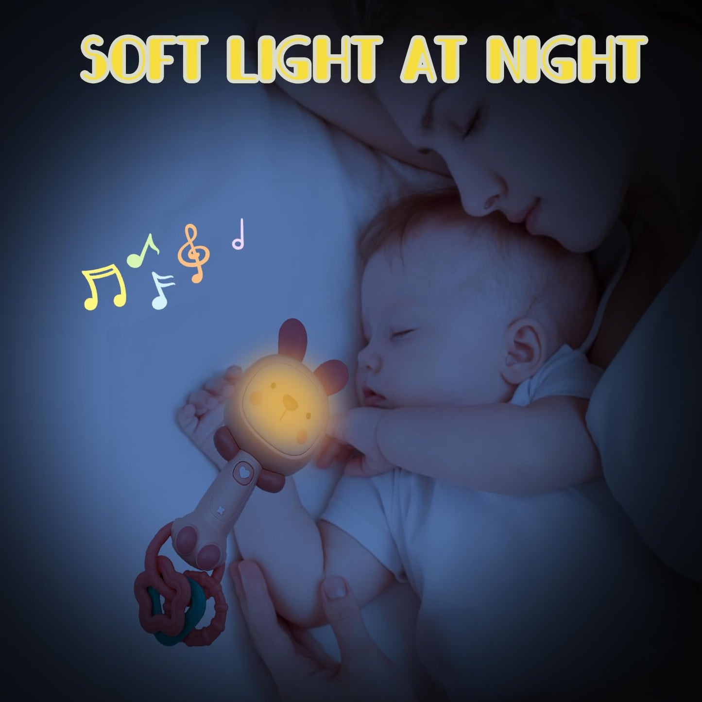 WHNKFB Soft Pink Bunny Baby Musical Rattle Toy - Light-Up Teether & Sensory Chew, BPA-Free Soft Rubber, Baby Shower & 1st Birthday Gift for 6-18 Months 1+ Year Old