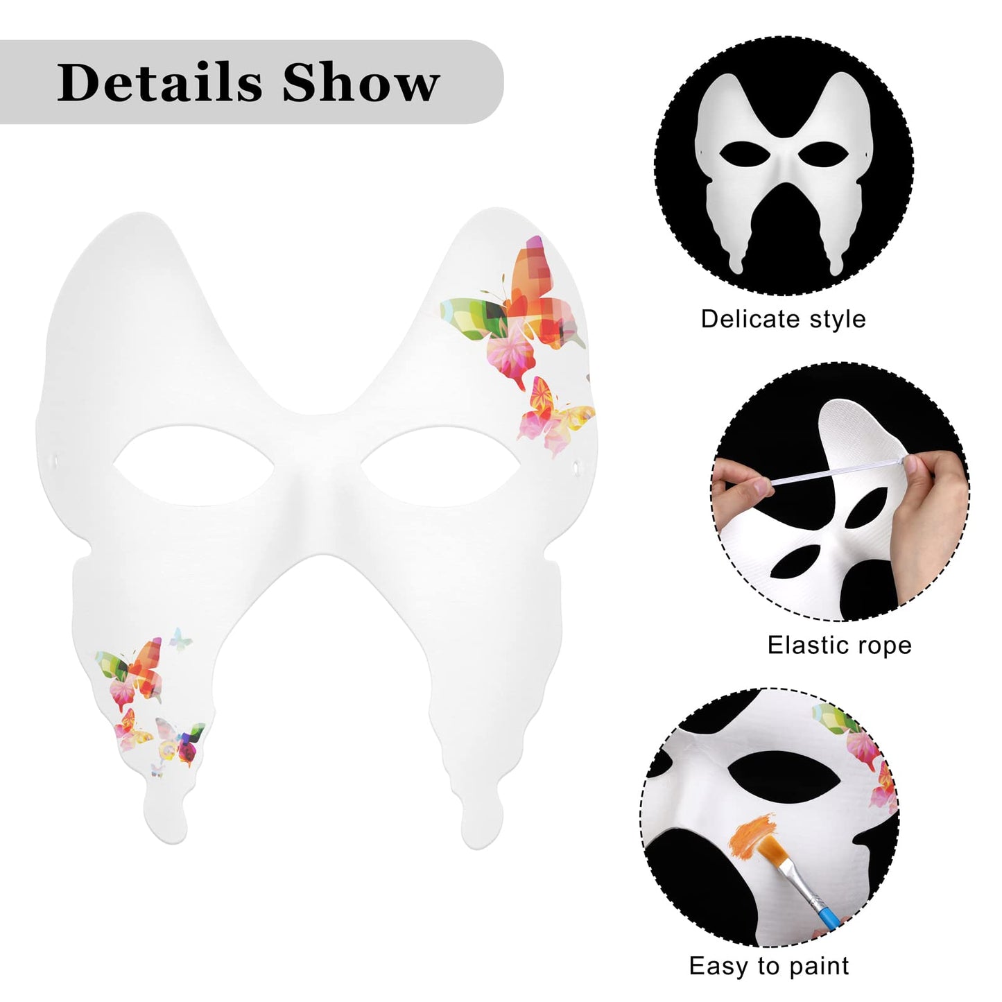 Elcoho 24 Pieces White Paper Masks Half Face Masquerade Masks DIY Hand Painted Mask with Tether Paints Brushes Mardi Gras Mask for Halloween, Cosplay Party