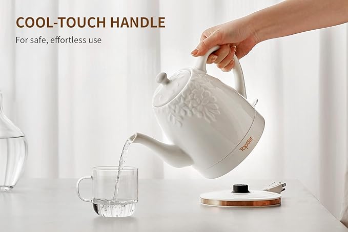 Toptier Electric Ceramic Tea Kettle, Boil Water Quickly and Easily, Detachable Swivel Base & Boil Dry Protection, Carefree Auto Shut Off, 1.5 L, White